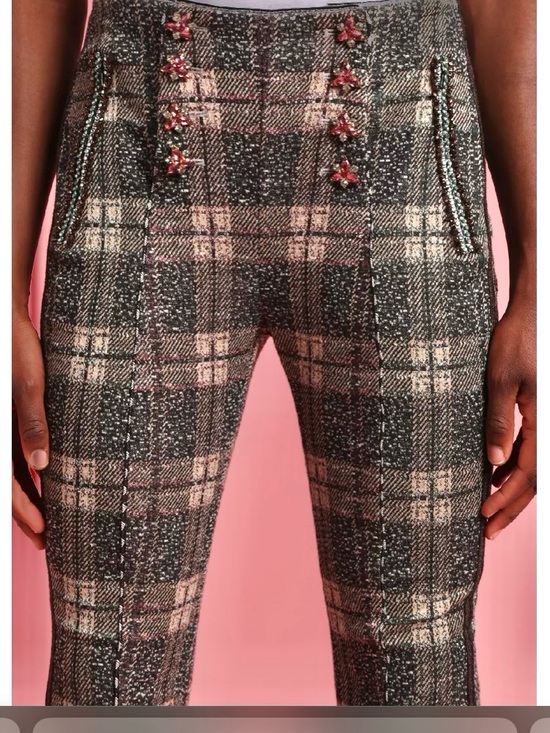 Byron Lars Pants - Byron Lars Pink & Black Plaid Skinny Tweed Pants with Embellished Buttons